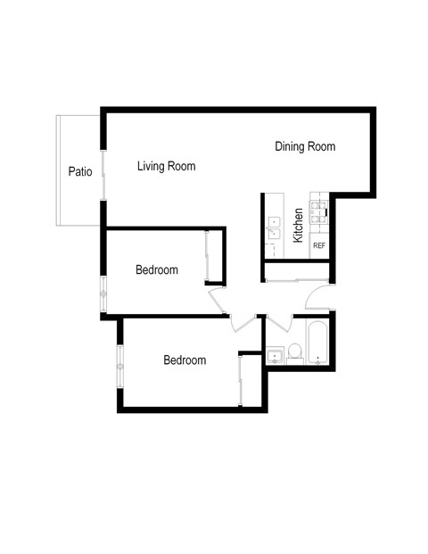 Floor plan for 2 beds, 1 bath, 911 sqft